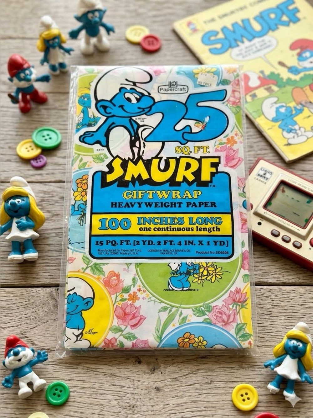 ✨ RARE FIND: Vintage 1980s Papercraft Smurf Gift Wrap! ✨ NIB 25 yards